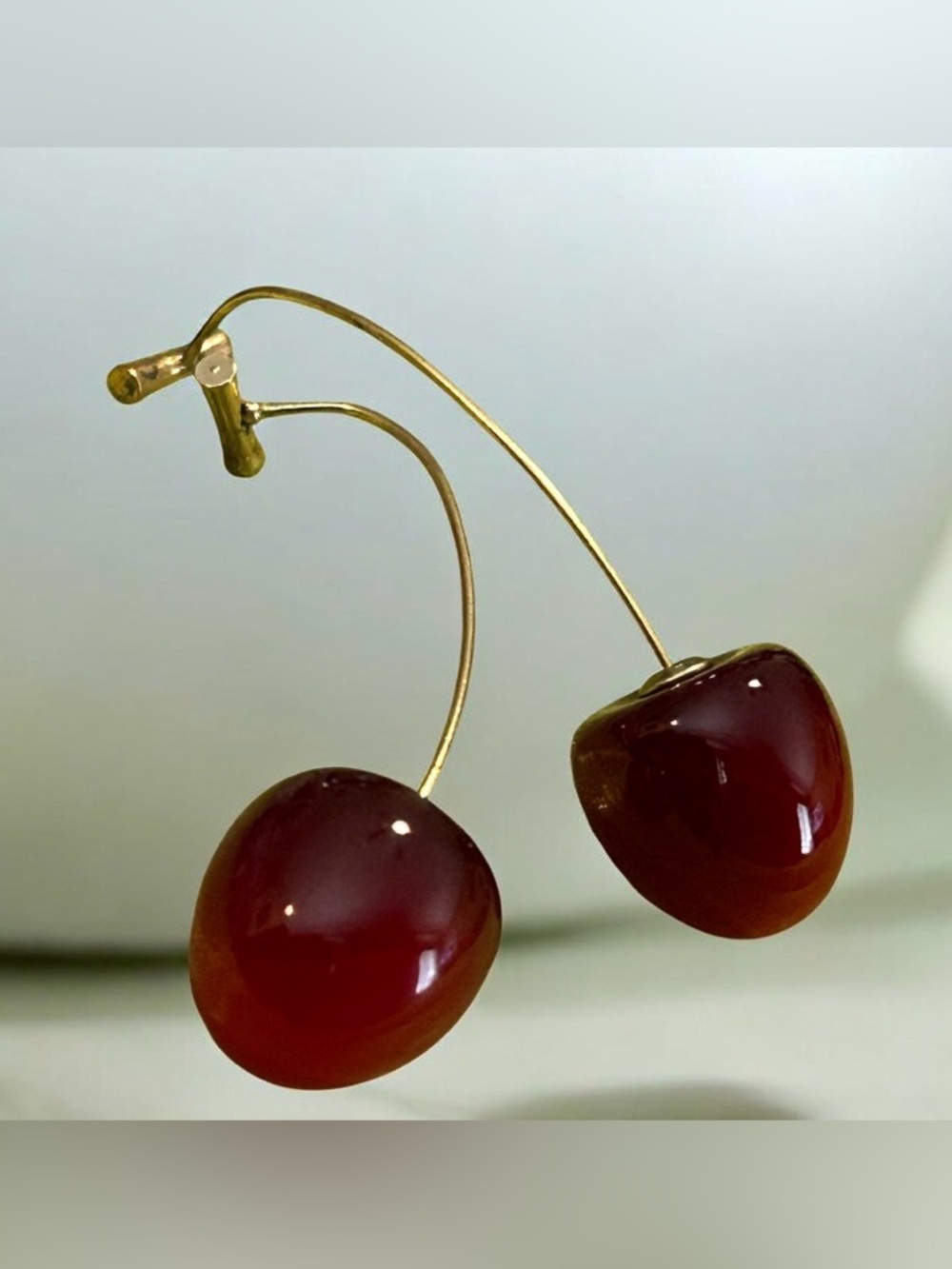Glossy Red Cherry Stem Drop Earrings - Picture 1 of 4